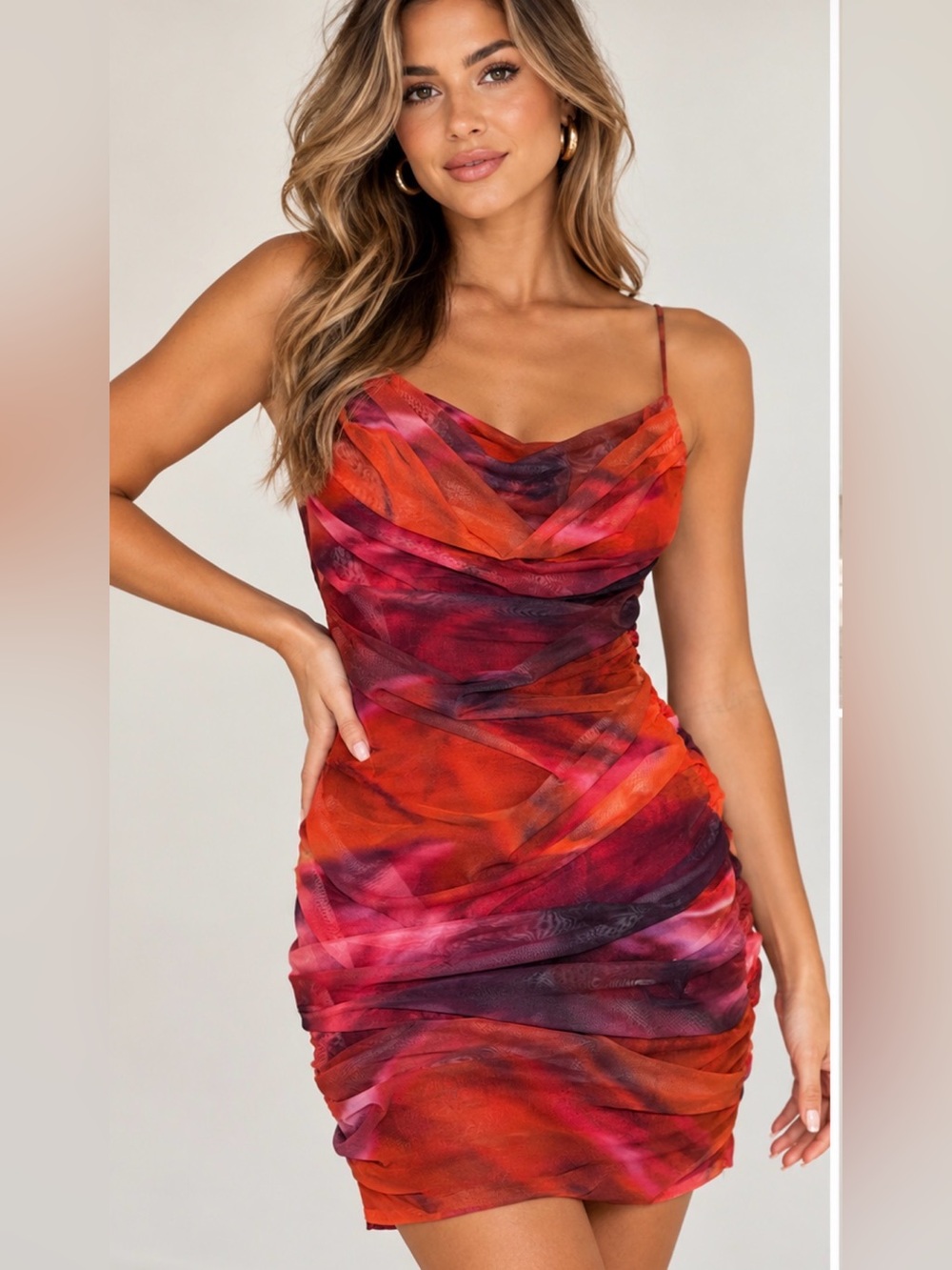 Oh Polly Red and Pink Cowl Neck Bodycon Mini Dress